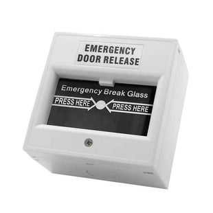 Break glass unit, WHITE, Unit reads "Emergency Door Release", Glass reads "Emergency Break Glass Press Here", 2 pole, Double change over contact